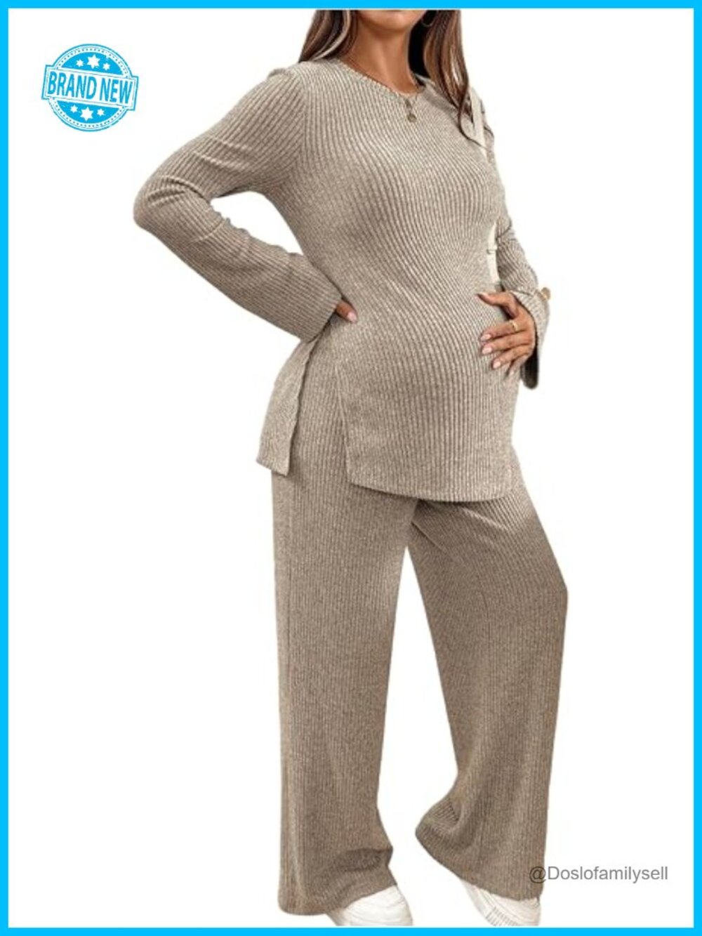Maternity 2 Piece Outfits Ribbed Knit Crew Neck Long Sleeve Tops and Pants Set